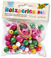 Folia Holzperlen BUNT RUND, 60g/>85 Teile & 2x Schn&uuml;re &agrave; 85cm