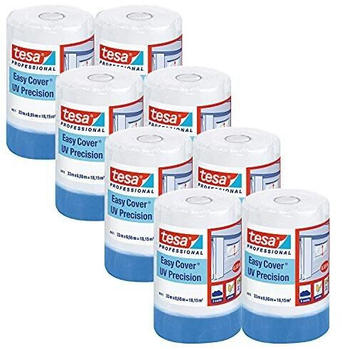 tesa Easy Cover 4411 UV Präzision - 8er Pack - Malerfolie mit Malerkrepp zum Abkleben und Abdecken - 2-in-1 Malerband mit Folie - weiß-transparent - je 33 m x 0,55 m