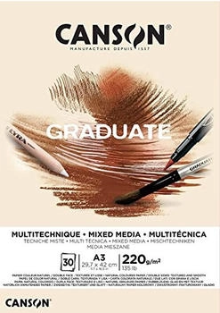 Canson CANSON Graduate Mixed Media Papier zweiseitig: gekörnt und glatt 220 g/m² an der kurzen Seite geleimter Block DIN A3 29,7x42 cm Natur 30 Blatt