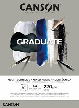 Canson CANSON Graduate Mixed Media Papier zweiseitig: gekörnt und glatt 220 g/m² an der kurzen Seite geleimter Block DIN A4 21x29,7 cm Grau 30 Blatt