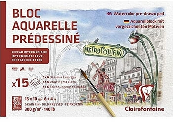 Clairefontaine Quo Vadis Aquarellblock 10x15 cm mit vorgezeichneten Motiven 15 Blatt 300g Motiv Paris