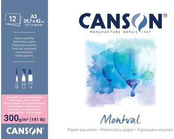 Canson Montval Aquarellblock Satiniert einseitig geleimt 300g/m² 12 Blatt A3 Vollformat 29,7x42cm weiß