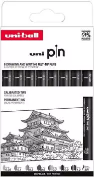 Mitsubishi Pencil Uni Pin Fineliner-Set, kalibrierte Spitzen, schwarze Tinte, 8er-Pack (302422076)