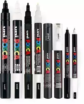 Posca Marker-Set PC-1MR/PC-1M/PC-3M/PC-5M Wasserbasiert Schwarz & Weiß, 8 Stifte (PC-5M / PC-3M / PC-1M / PC-1MR)