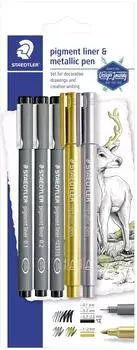 Staedtler Pigment Liner & Metallic Marker, schwarz, silber und gold, 5-tlg. (308 SBK3P3)