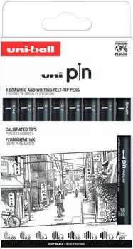 Mitsubishi Pencil Uni Pin Fineliner-Set, kalibrierte Spitzen & Brush, schwarz, 8er-Pack (302422077)