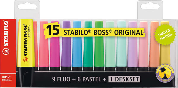 STABILO BOSS ORIGINAL 15er Pack Tischset 9 Leuchtfarben 6 Pastellfarben