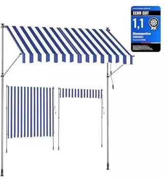 Songmics Klemmmarkise Manuell, H&ouml;henverstellbar mit Handkurbel, 250x120cm, Blau-Wei&szlig; (GSA252QZ01)