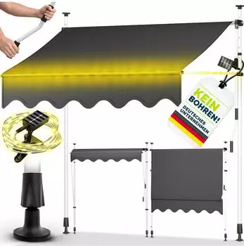tillvex Klemmmarkise 200cm grau mit Solar-LED, Handkurbel, UV-beständig (TVBKMKSL-014)