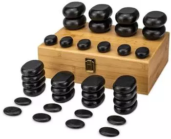 Habys Hot Stone Massagestein-Set, Basalt, 36-teilig mit Bambuskiste