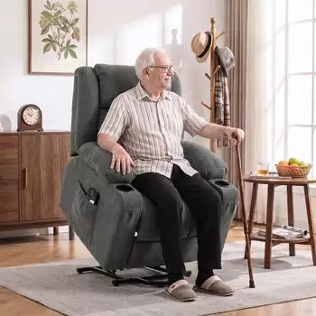 HomCom Fernsehsessel mit Aufstehhilfe, 2 Motoren, Massage, Wärme, dunkelgrau