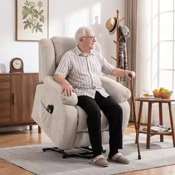 HomCom Fernsehsessel mit Aufstehhilfe, Massagefunktion, Wärmefunktion, beige