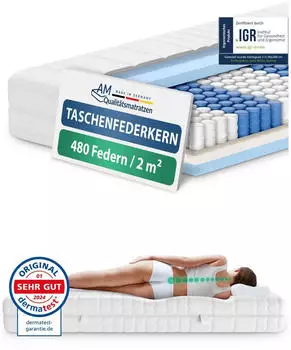 AM Qualit&auml;tsmatratzen 7-Zonen Taschenfederkernmatratze 100x190cm H3, &Ouml;ko-TEX, waschbarer Bezug (AM-TFK-100x190)