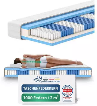AM Qualit&auml;tsmatratzen Taschenfederkernmatratze 7-Zonen 1000 Federn 180x220cm H1 (TFK-180220-H1)