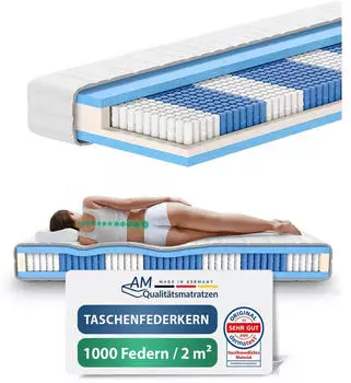 AM Qualit&auml;tsmatratzen Taschenfederkernmatratze 7-Zonen 1000 Federn H1 140x200cm 24cm (AMQ-140200-H1)