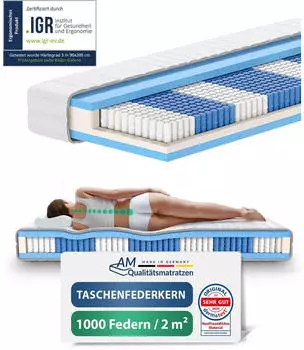 AM Qualit&auml;tsmatratzen Taschenfederkernmatratze 7-Zonen 1000 Federn H3 70x190cm (70x190-H3)