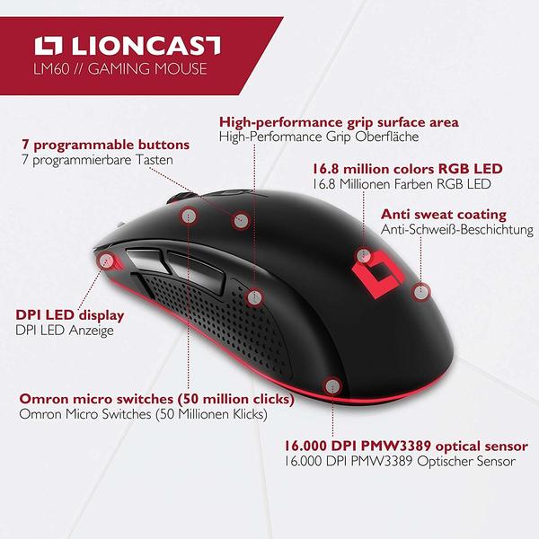 LM60 Gaming-Maus Schwarz/Rot Gaming-Maus Allgemeine Daten & Ausstattung Lioncast LM60 Pro