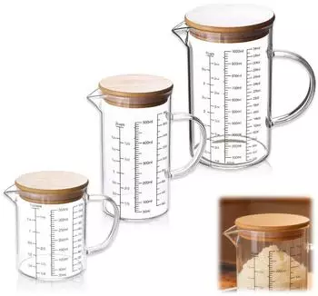 LuxusKollektion Messbecher-Set aus Borosilikatglas 350/500/1000ml mit Bambusdeckel (3-tlg.)