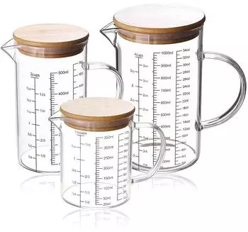 LuxusKollektion Messbecher-Set Borosilikatglas mit Bambusdeckel, 3-tlg. (350/500/1000ml)