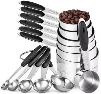LuxusKollektion Messbecher & Messlöffel Set 12-tlg., 18/8 Edelstahl, schwarz, Silikongriffe