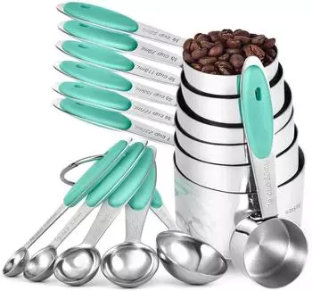 LuxusKollektion Messbecher & Messlöffel Set 12-tlg., 18/8 Edelstahl, Silikon-Griffe, aqua sky