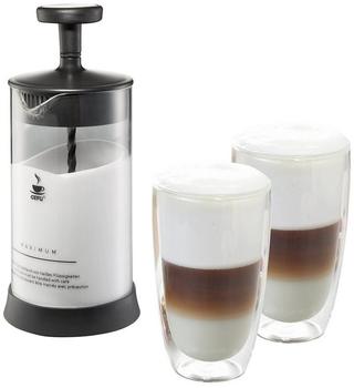 GEFU Set Milchaufschäumer ANTONIO + 2 x Latte Macchiato Gläser (350ml)