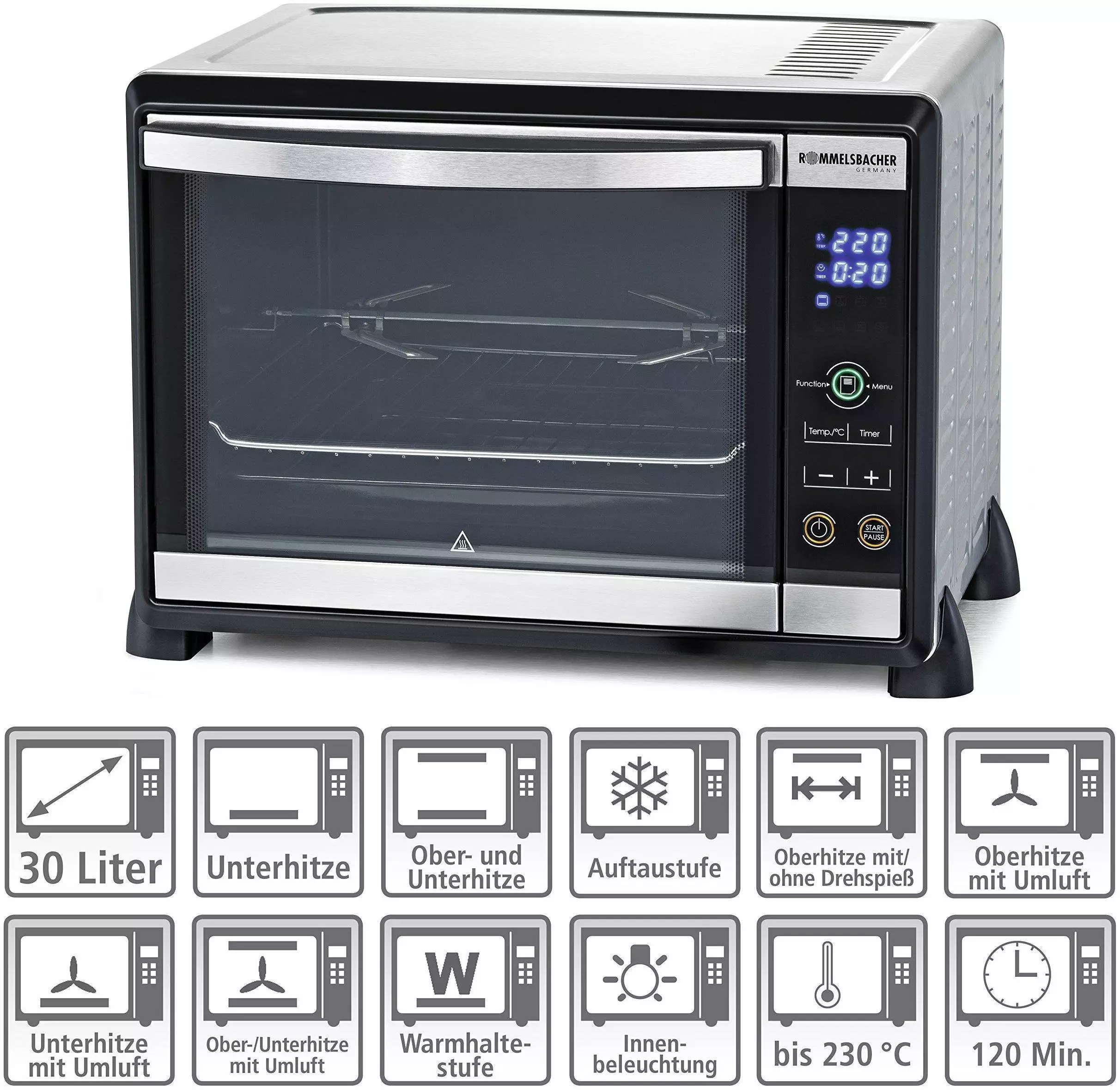 EMERIO Mini Backofen 10 Liter - 800 Watt, 90-230°C, Mit Backblech & Grillrost