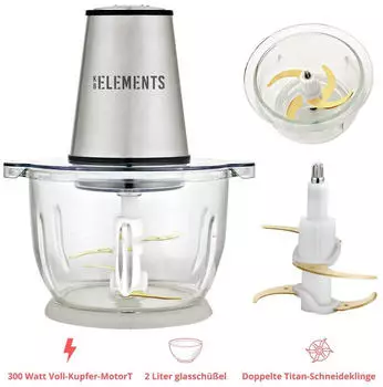KB Elements Zerkleinerer ELK306FC, 300 W, 300 Watt Voll Kupfer Motor, 2 Liter Glasschüßel, Titan-Schneideklinge