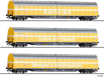 Tillig Güterwagenset aus drei Schiebewandwagen Habbiillnss, Schweizer Post, Ep. VI (01038)