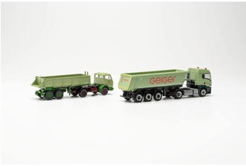 Herpa Set "100 Jahre Geiger " MAN TGS TM Rundmuldenkipp-Sattelzug (Schmitz) + Mercedes-Benz Baukipper-Sattelzug (Wiking-Modell) (Bayern/Oberstdorf) (316699)