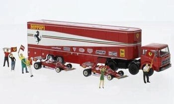 Brekina Starline Fiat 691 T Renntransport-SZ Set mit 2 Ferrari 312 T2 F1 und 5 Figuren Ferrari, 1977 (58575)