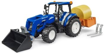 Bruder New Holland T5.120 mit Frontlader, Ladekasten, Gabeln und Rundballen (02187)