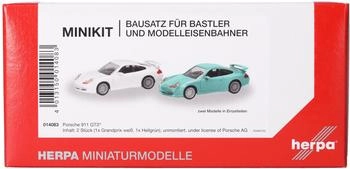 Herpa Modellbausatz MiniKit Porsche 911 GT3 (996) Grandprix Weiß und hellgrün 2 Stück Miniatur im Maßstab 1:87 Sammlerstück Kit für Modellbau Kunststoff