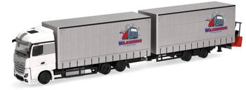 Herpa H0 (1:87) 319683 Mercedes-Benz Actros Jumbogardinenplanentandem-Hängerzug mit Stapler "Wilkening"
