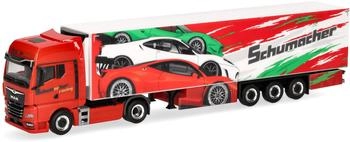Herpa LKW Modell Man TGX GX Kühlkoffer-Sattelzug Schumacher Miniatur im Maßstab 1:87 Sammlerstück Made in Germany Kunststoff