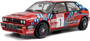 Solido Lancia Delta HF Integrale 1 Legend&auml;res Rallye-Fahrzeug Startnummer Streifengrafik Doppelrundscheinwerfer Diecast Modellauto Rot 1:18