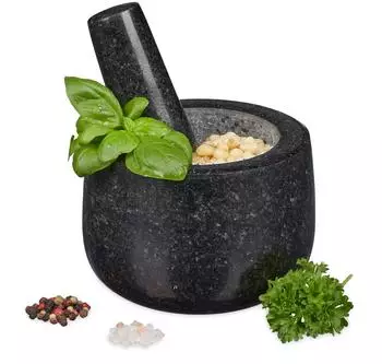 Relaxdays M&ouml;rser mit St&ouml;&szlig;el, Granit, 12cm, schwarz (10029957)