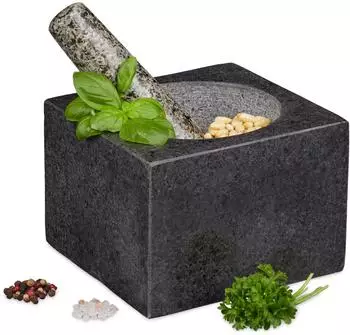 Relaxdays M&ouml;rser mit St&ouml;&szlig;el, eckig, Granit (14,5cm)