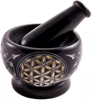 NKlaus Mörser "Blume des Lebens" mit Stößel, Speckstein, schwarz, Ø 9cm (1371)
