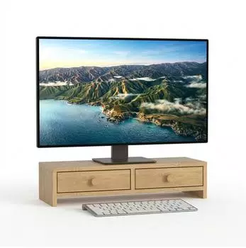 Relaxdays Monitorständer 2 Schubladen, Holzoptik, hellbraun