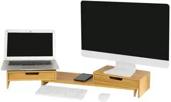 SoBuy BBF04-N Monitorerhöhung 2 Schubladen, Bambus, breitenverstellbar (BBF04-N)