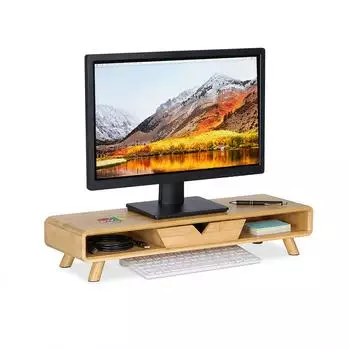 Relaxdays Monitorst&auml;nder 2 F&auml;cher & Schublade, Bambus, 13x62x20,5cm