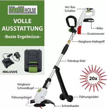 Trutzholm Akku Rasentrimmer Akku und Ladegerät 26 cm – Trutzholm Akku-Rasentrimmer mit 26 cm Schnittbreite