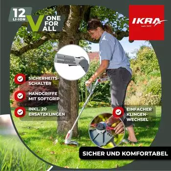 Ikra IART 1224 12 V 24 cm inkl. 60 Ersatzmesser + Akku & Ladegerät – Messerschnitt und 240 mm Schnittbreite für Rasenkanten