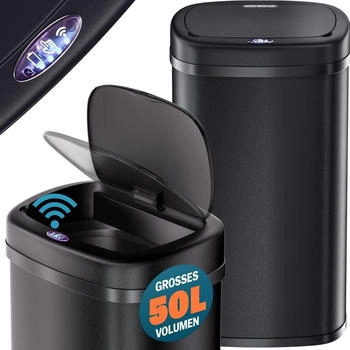 Monzana &reg; mit Sensor K&uuml;che 50L Edelstahl Automatik Deckel Klemmring inkl. USB-Kabel Abfalleimer Gro&szlig; Papierkorb LED Anzeige Schwarz (109906)