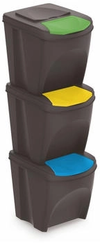 Spetebo Sortibox mit Deckel 3er Set 25l anthrazit M&uuml;ll Trennsystem Abfall Trenner stapelbar (3347)