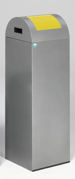 Proregal Selbstlöschender Wertstoffsammler rund mit Einwurfklappe | 89 Liter, HxBxT 104,5x32x32cm | Verzinkter Stahl | Silber-Gelb (RVA23-18)