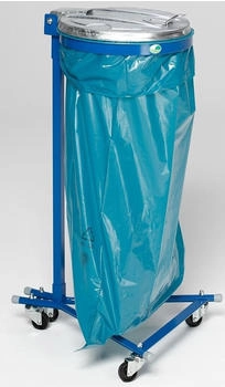 Proregal Robuster Einzel-Abfallsammler mit Metall-Deckel | mit 4 Rollen | 35cm Einwurföffnung | HxBxT 100x49x52cm | Stahl | Blau-Verzinkt (RVA64-18)