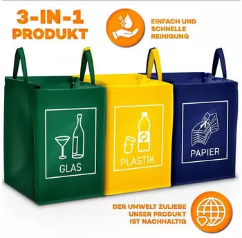 Tresko M&uuml;lltrennsystem 3er Set Papier, Plastik & Glas mit Transportgriff (MTS-001)