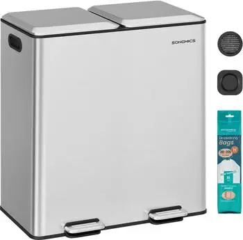 Songmics Doppel-M&uuml;lleimer 2x30L Softclose-Deckel, Pedal, Edelstahl (LTB743E01)